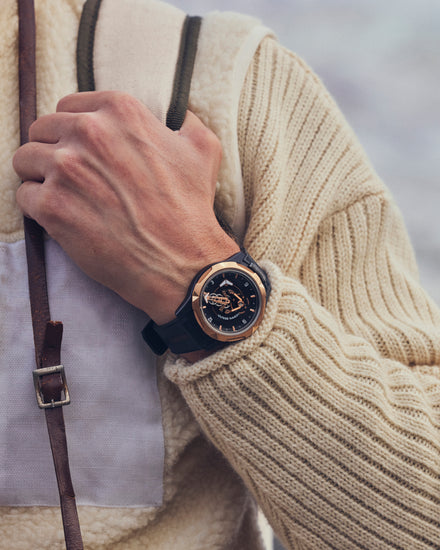Man wearing Ulysse Nardin Freak watch in  the cold