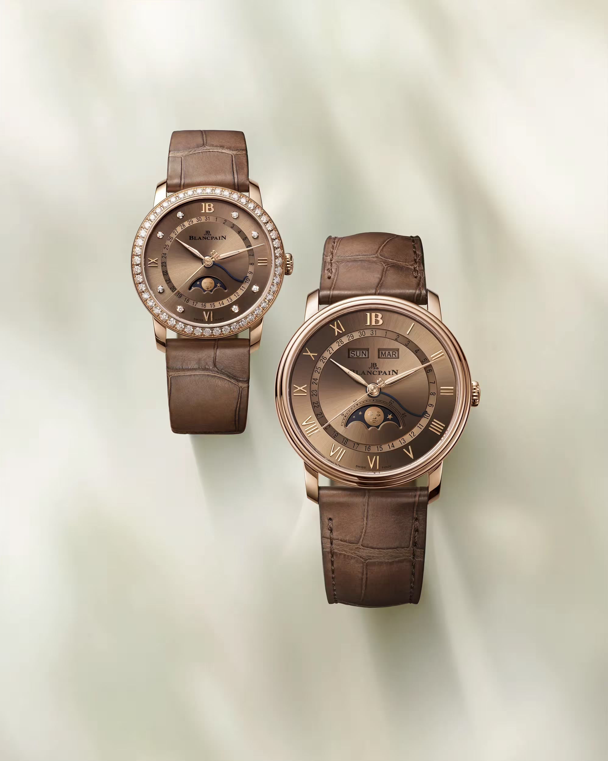 Villeret Quantième Phases de Lune | 33.2mm, Brown Gold Dial, Alligator Leather Strap