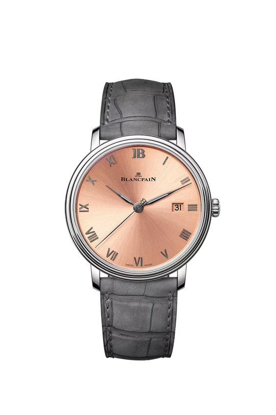 Blancpain Villeret watch with pink dial, Roman numerals, date window, and gray alligator leather strap.