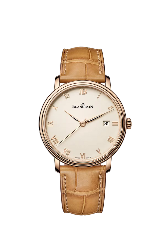 Blancpain Villeret watch with cream dial, rose gold case, Roman numerals, date window, and tan crocodile leather strap.