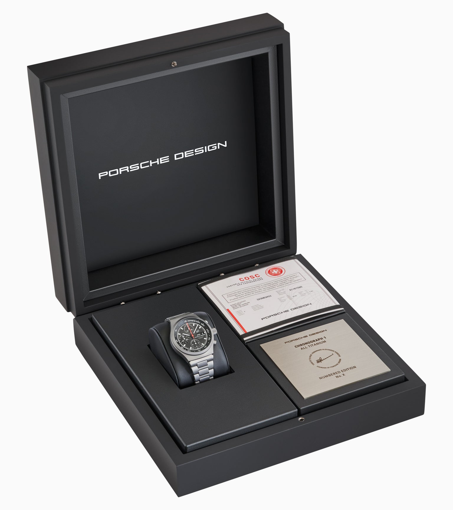 Porsche Design watch in a black box with a white background