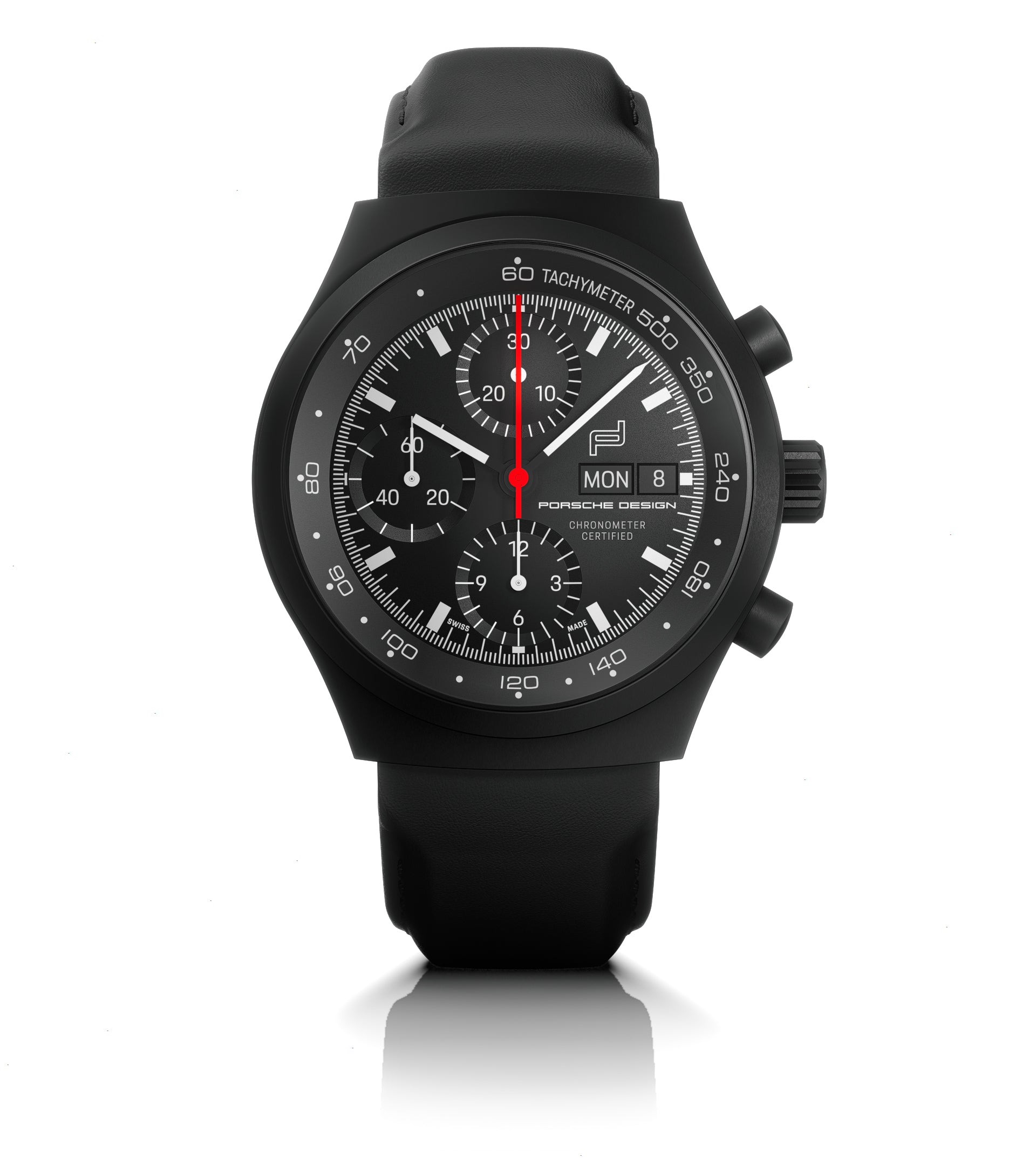 Black chronograph watch with tachymeter bezel, multiple subdials, day-date window, and red center hand on black leather strap