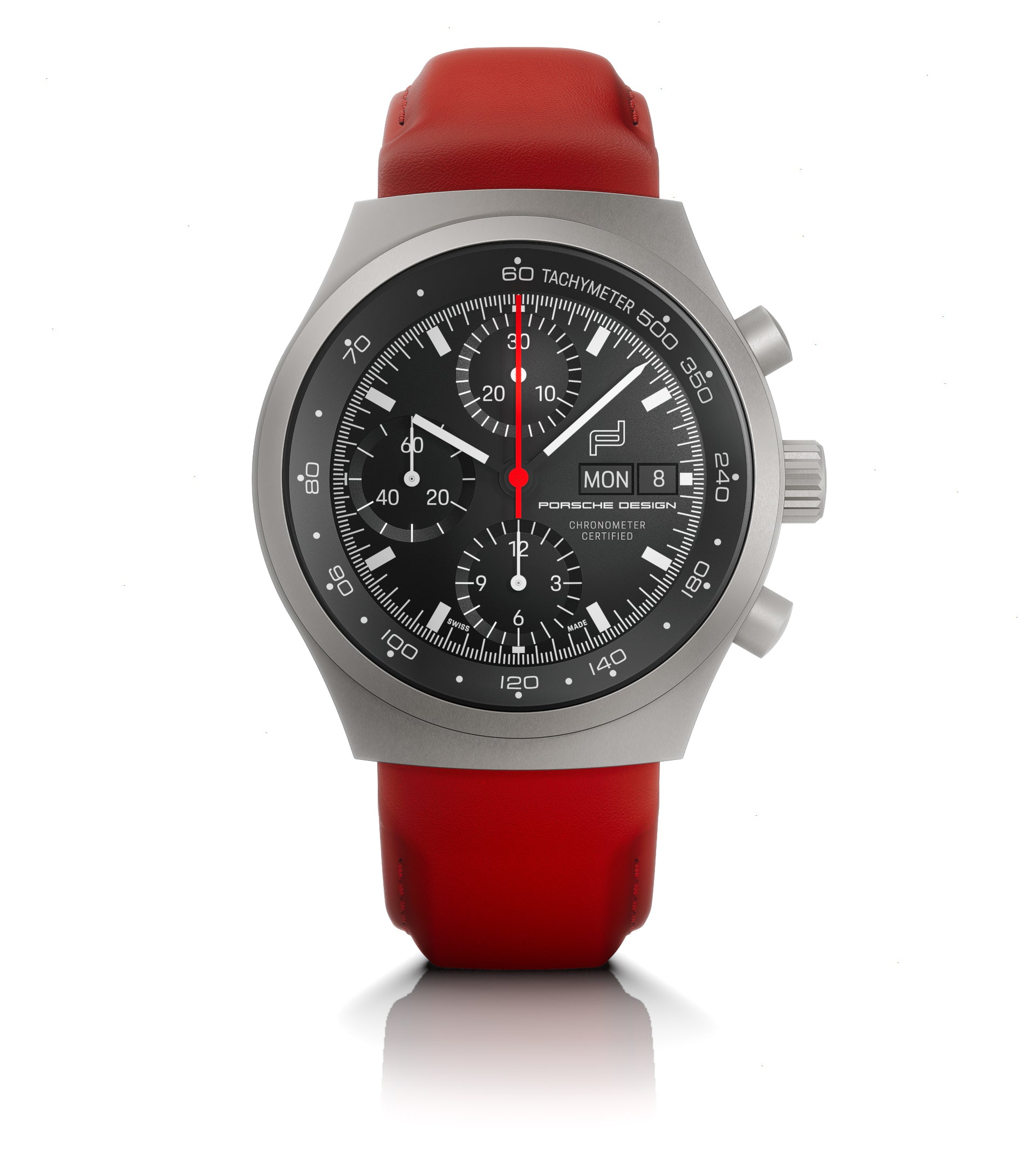Titanium chronograph watch with black dial, red subdials, tachymeter bezel, and red leather strap.