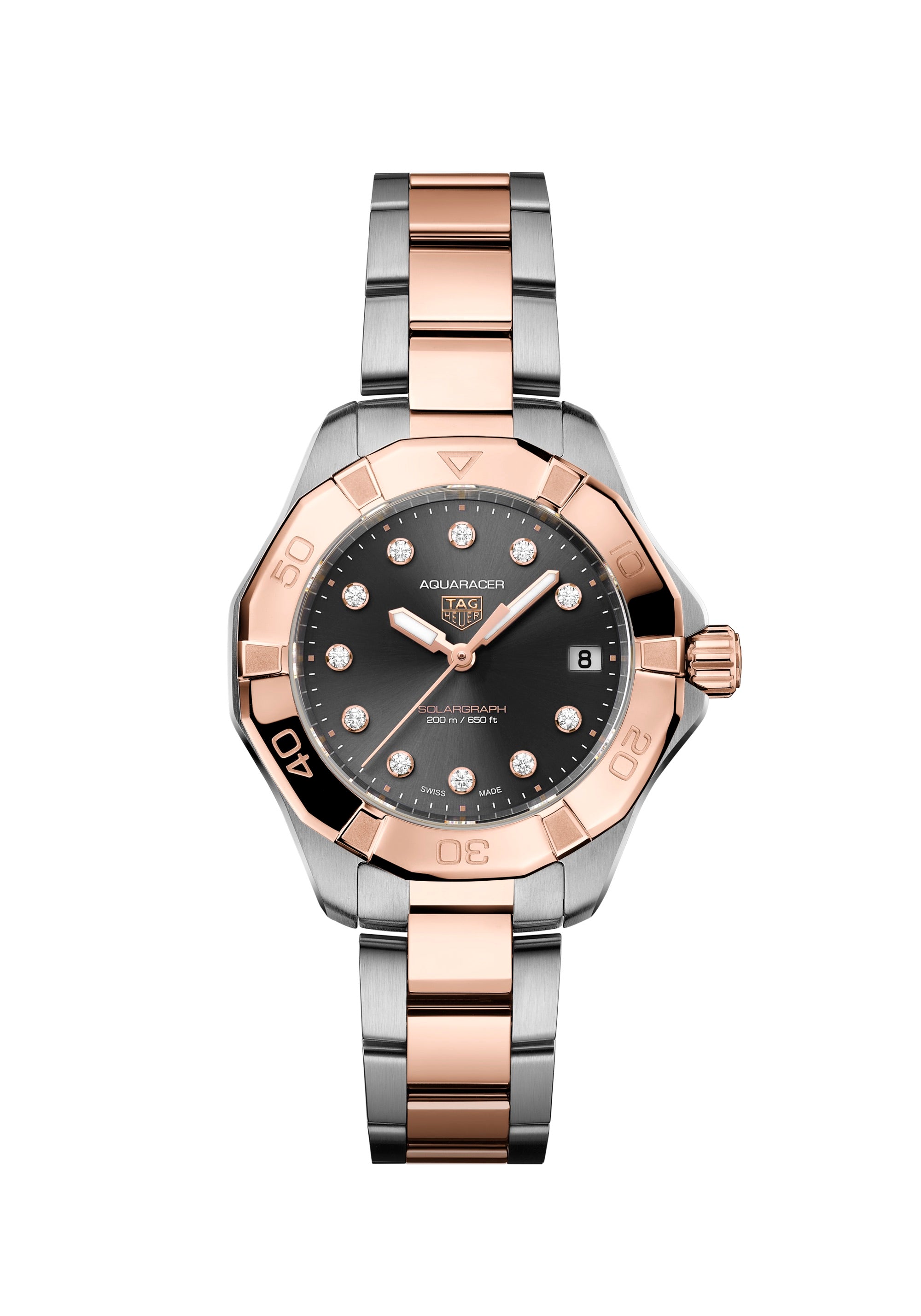 The TAG Heuer Aquaracer Professional 200 Solargraph is a wristwatch featuring a silver and rose gold design, black dial, diamond hour markers, and a date display.