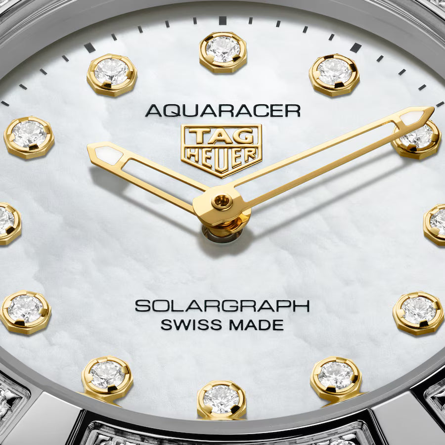 Aquaracer Professional 100 Solargraph | 28mm, Steel, Mother-of-pearl Dial, Diamond Bezel, Womens Watch
