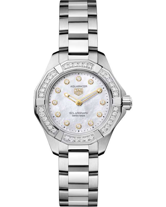 Aquaracer Professional 100 Solargraph | 28mm, Steel, Mother-of-pearl Dial, Diamond Bezel, Womens Watch