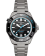 Steel sports watch with black dial, blue accents, date window, and matching steel bracelet.