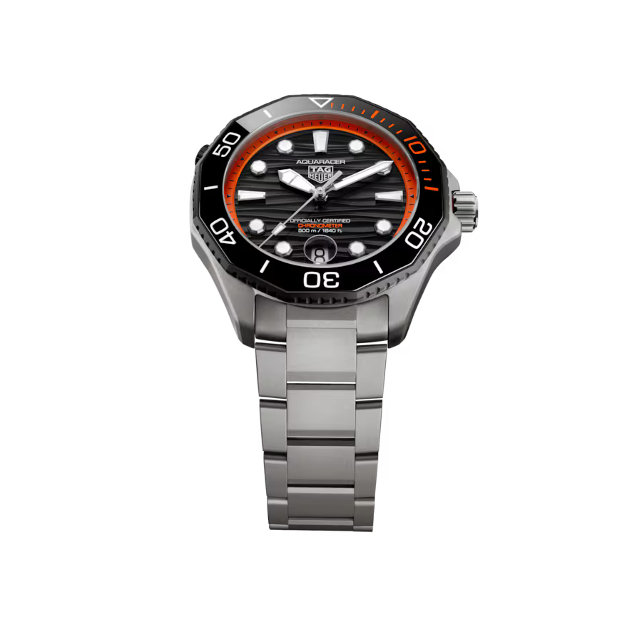 Stainless steel dive watch with black dial, red and black bezel, white hour markers, and matching metal bracelet.