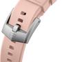 Close-up of a pink watch strap with a silver buckle on a white background