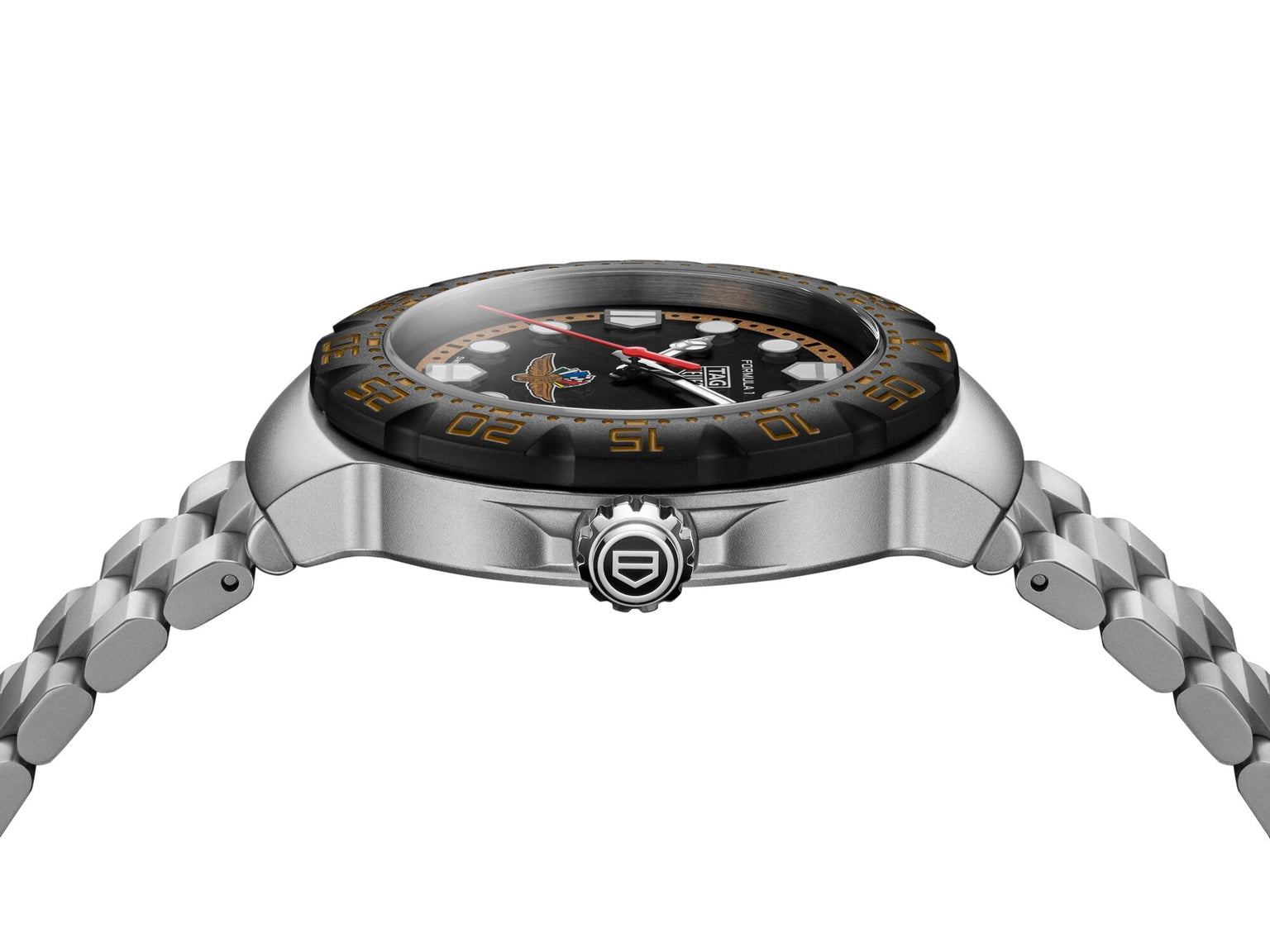 Stainless steel sports watch with black and gold bezel, black dial, and matching metal bracelet.