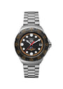 Silver stainless steel sports watch with black dial, bronze bezel, white hour markers, date window, and Indy 500 logo.