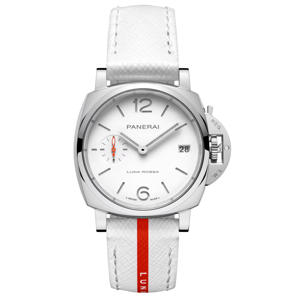 The Panerai Luminor Due Luna Rossa is an automatic mechanical watch with a white dial, silver markers, date window, and a white leather strap with a red stripe and LUNA ROSSA text. Powered by the P.900 calibre, it offers a 3-day power reserve.