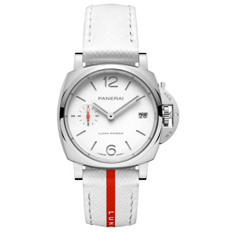 The Panerai Luminor Due Luna Rossa is an automatic mechanical watch with a white dial, silver markers, date window, and a white leather strap with a red stripe and LUNA ROSSA text. Powered by the P.900 calibre, it offers a 3-day power reserve.