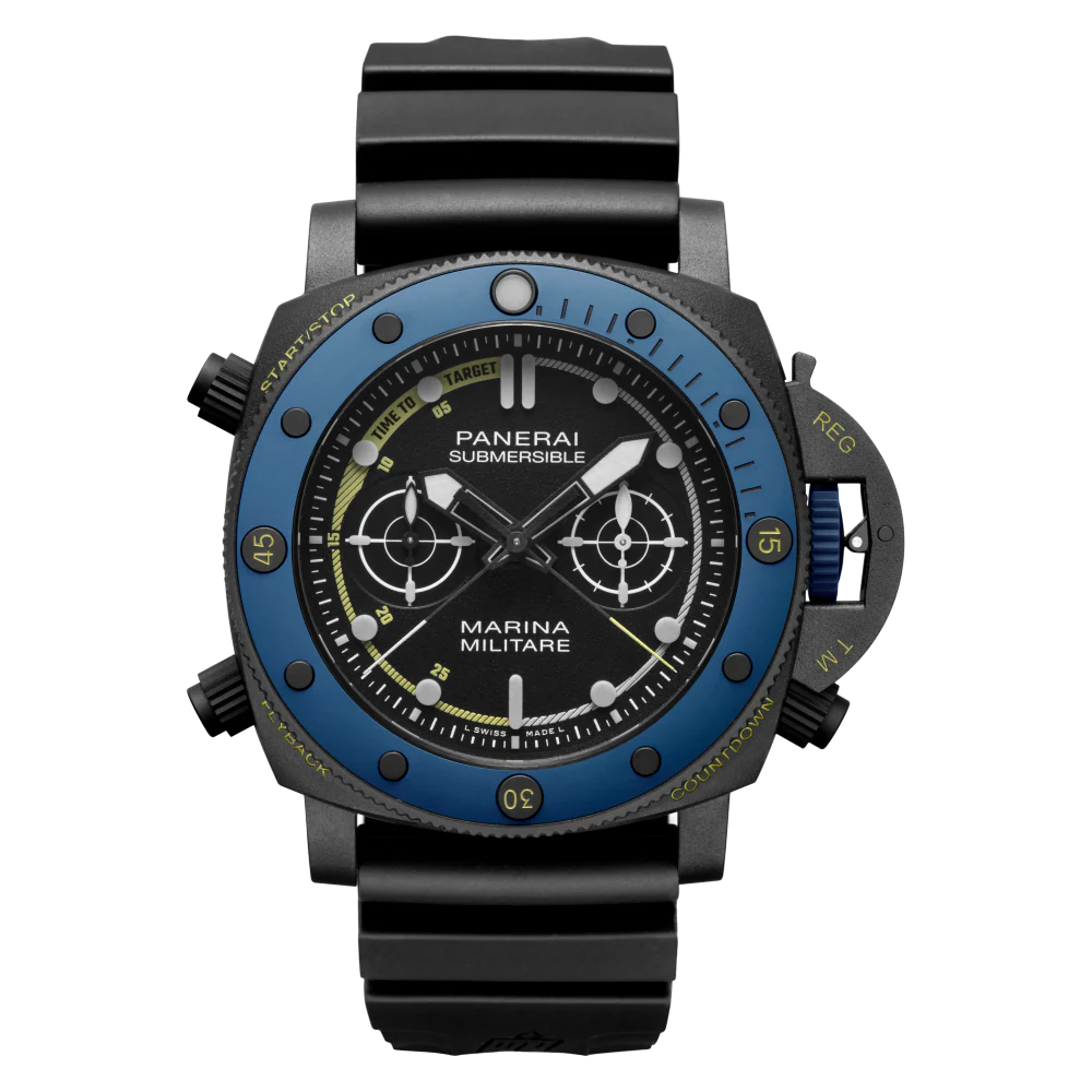 The Panerai Submersible Forze Speciali is a black and blue automatic mechanical watch with a round face, bold markers, black strap, multiple dials, yellow accents, and a robust Panerai P.9100/R calibre with 3-day power reserve.