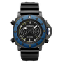 The Panerai Submersible Forze Speciali is a black and blue automatic mechanical watch with a round face, bold markers, black strap, multiple dials, yellow accents, and a robust Panerai P.9100/R calibre with 3-day power reserve.
