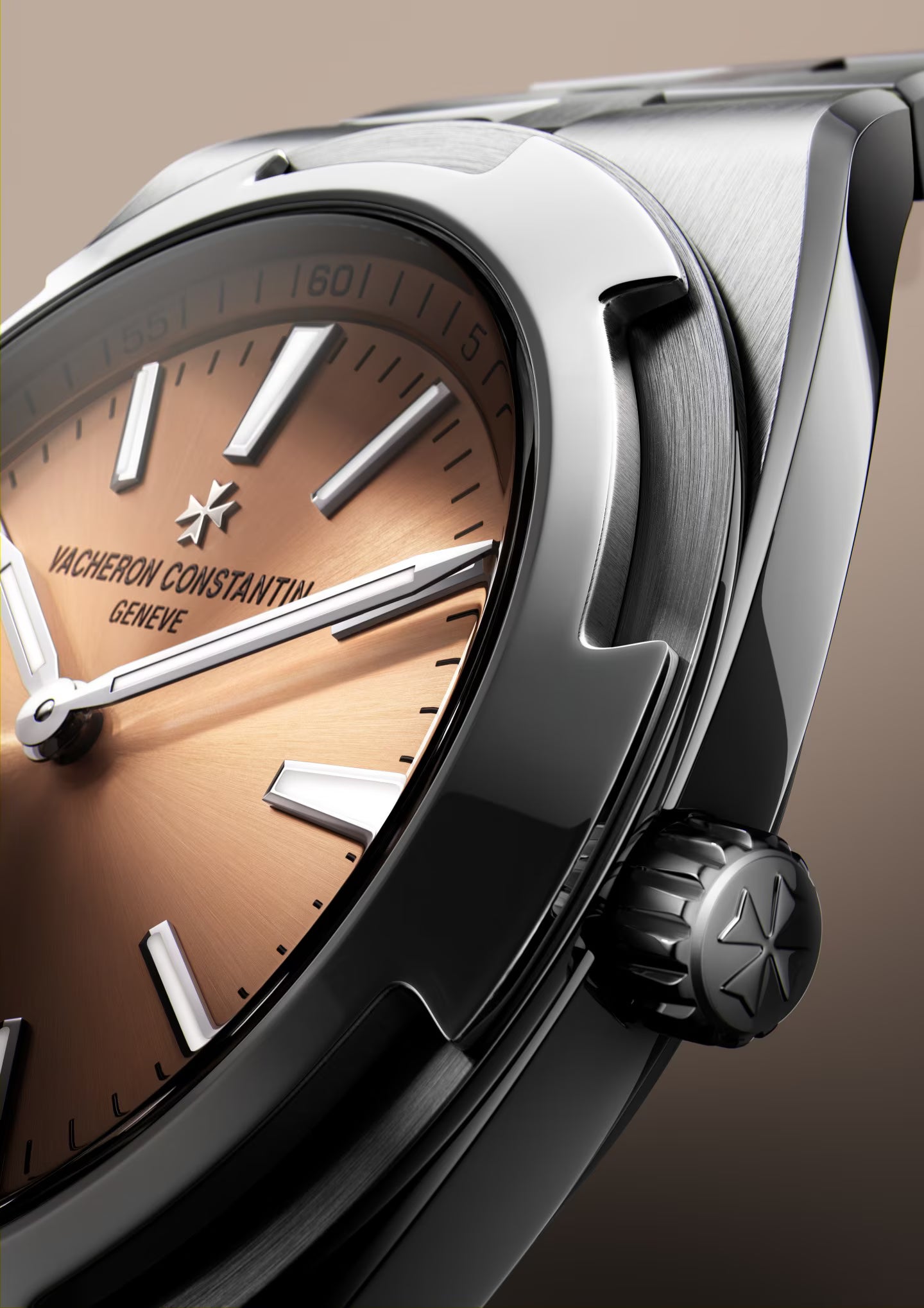 Silver watch with brown dial, white hour markers, and black leather strap displayed at an angle.