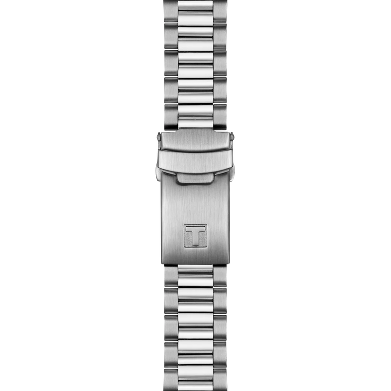Silver watch strap with clasp on a white background