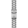 Silver watch strap with clasp on a white background