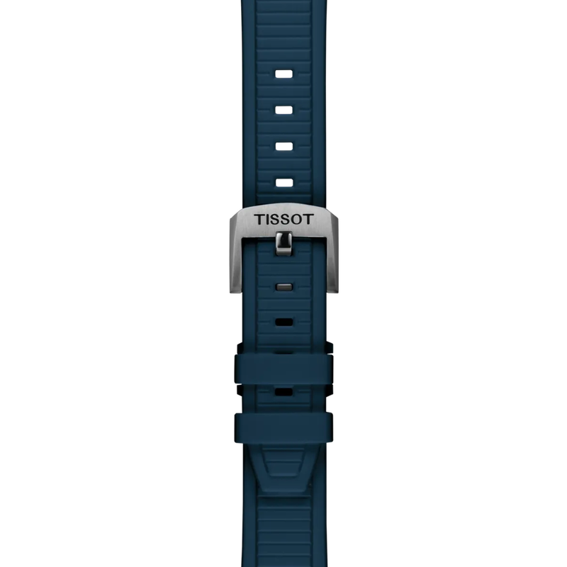 Blue watch strap with Tissot logo on a white background