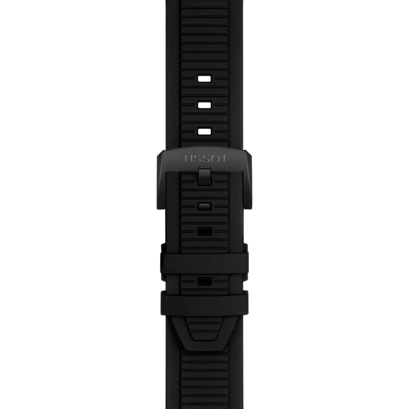Black watch strap with Tissot logo on a white background