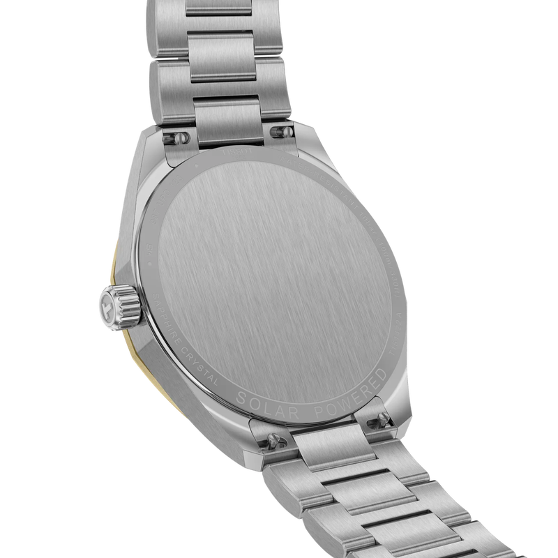 Silver watch with a metallic band on a white background
