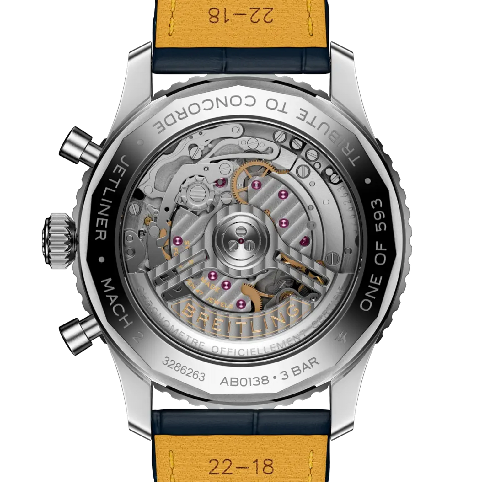 Watch with visible mechanical components and a yellow strap on a white background