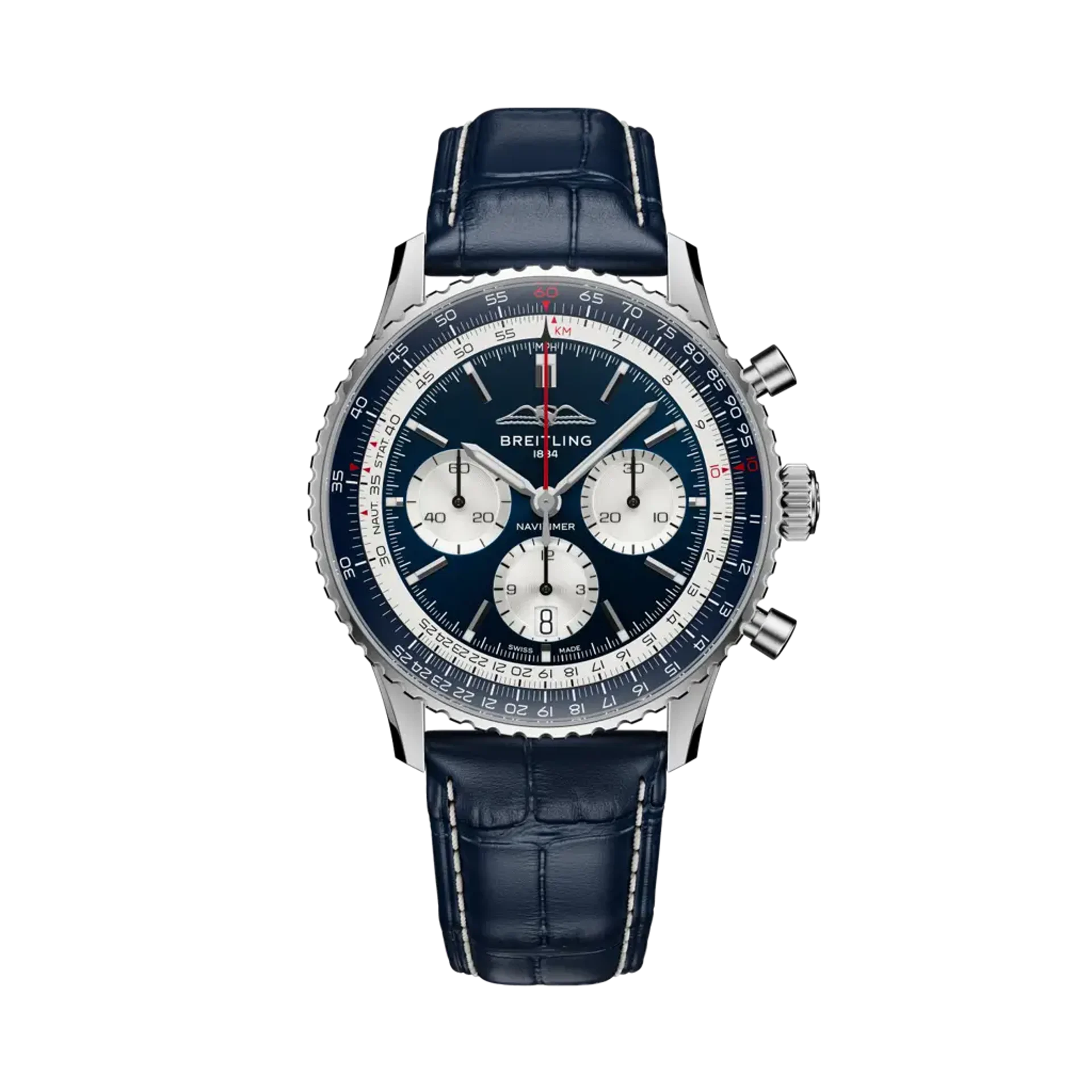 Luxury watch with blue strap and detailed face on a white background