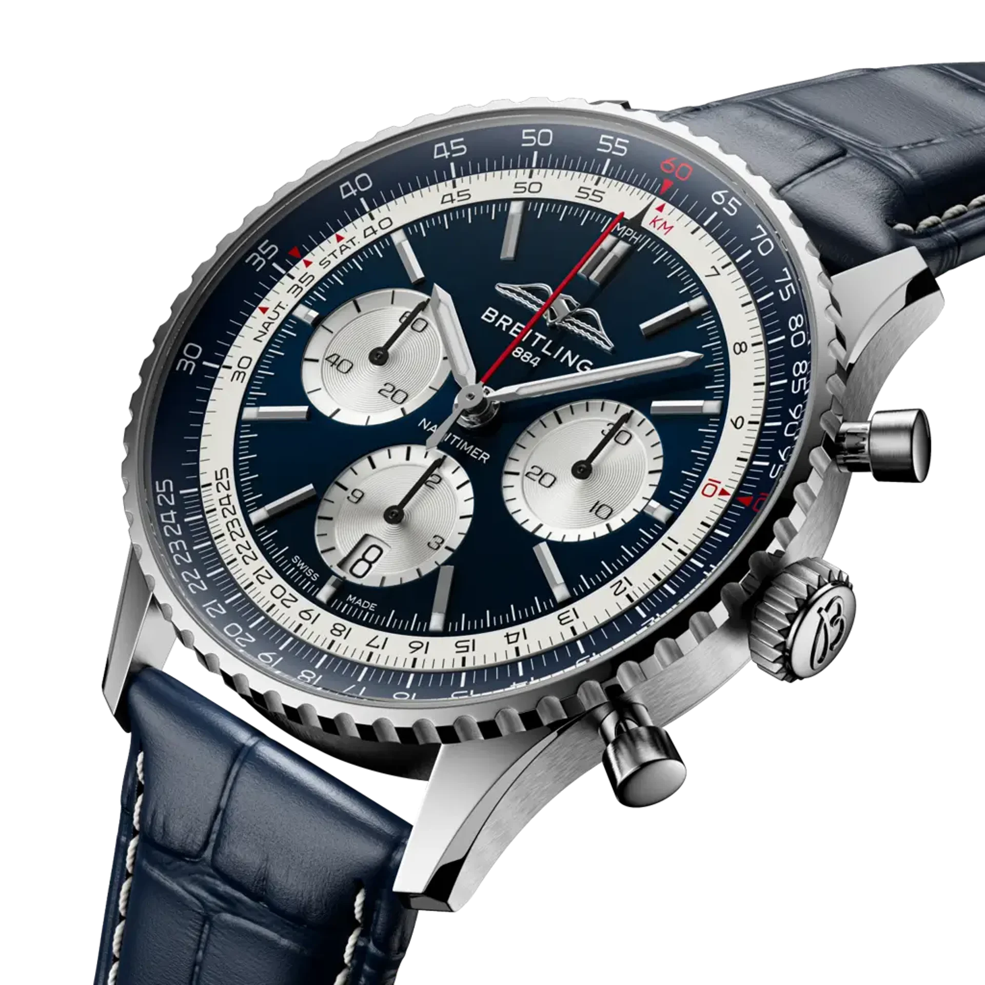 Luxury Breitling watch with blue leather strap and detailed face on a white background