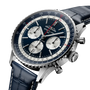 Luxury Breitling watch with blue leather strap and detailed face on a white background