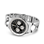 Stainless steel chronograph watch with black dial, three white subdials, and matching metal bracelet.