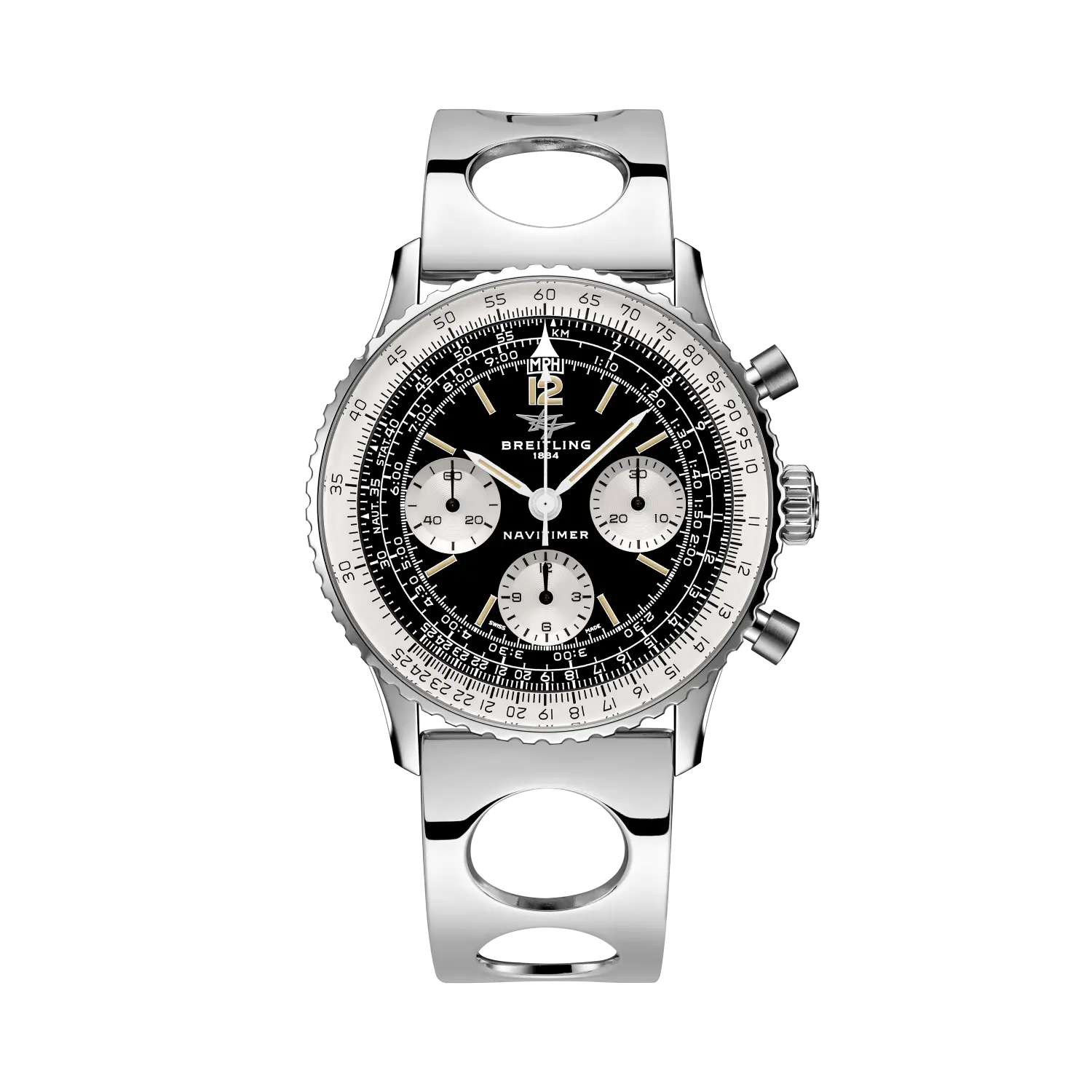 Stainless steel chronograph watch with black dial, three subdials, white numerals, rotating bezel, and perforated metal band.