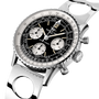 Breitling Navitimer B09 chronograph watch with stainless steel case, black dial, white subdials, and metal bracelet.