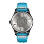 Watch with blue strap and silver case on a white background