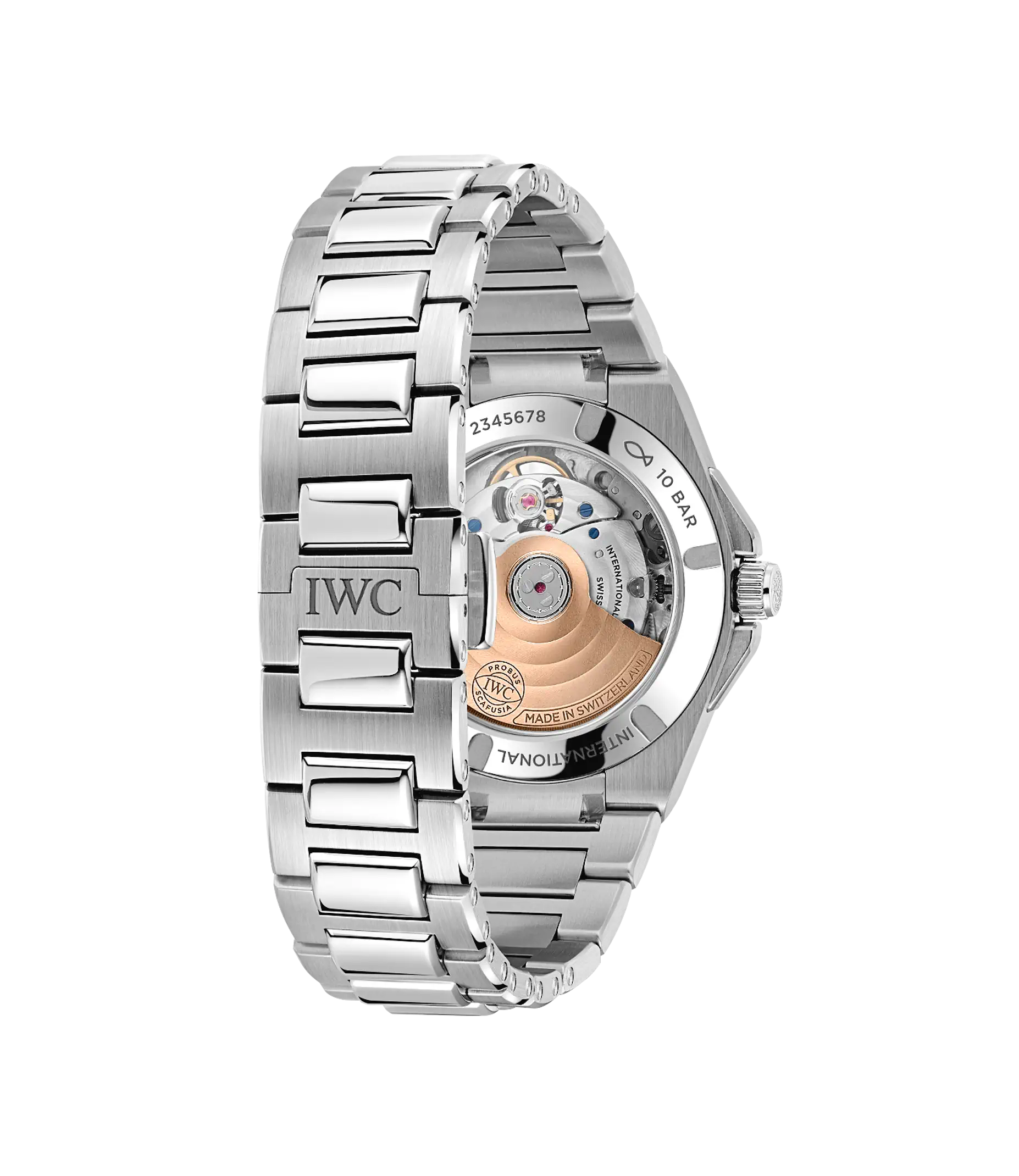 IWC Ingenieur Automatic 35 stainless steel watch with exposed rotor and bracelet, shown from caseback view.