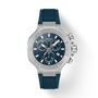 Tissot watch with blue strap and silver case on a white background