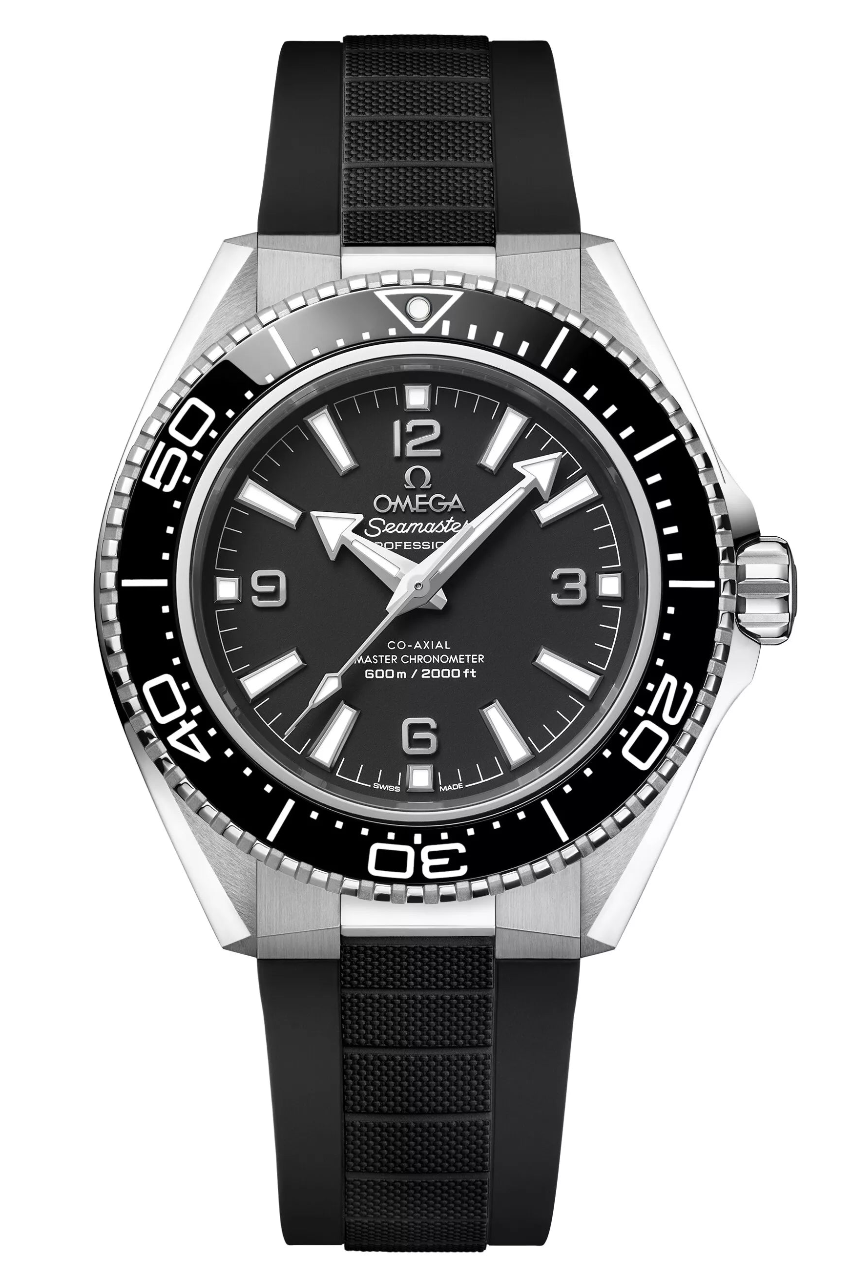 A close-up of the OMEGA Seamaster Planet Ocean 42mm with a black rubber strap, black bezel, and black dial featuring white hour markers, silver hands, the OMEGA logo, and certified as a stainless steel Co-Axial Master Chronometer.