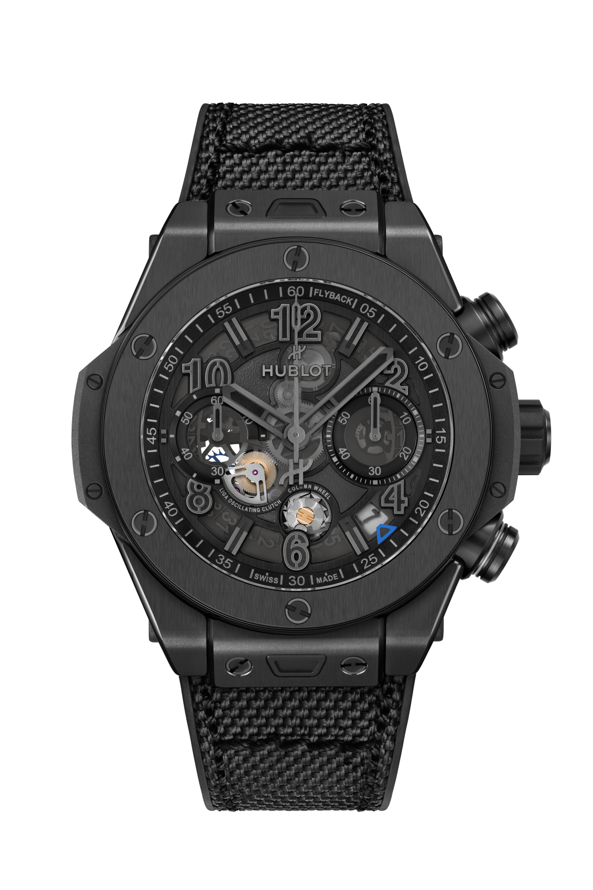 Black chronograph watch with skeleton dial, visible movement, and matching black fabric strap.