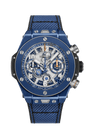 Blue ceramic chronograph watch with exposed movement, skeleton dial, Arabic numerals, blue fabric strap, and steel pushers.