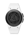 White watch with black dial on a white background