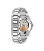 Silver stainless steel watch with link bracelet, exposed rose gold rotor mechanism visible on caseback.