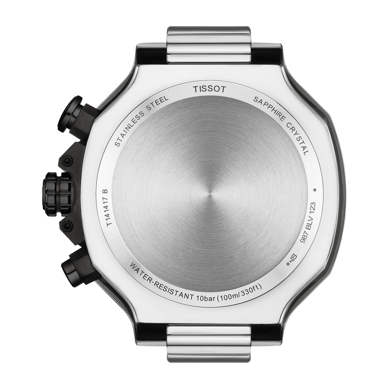 Back view of a Tissot watch with metallic finish on a white background