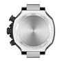 Back view of a Tissot watch with metallic finish on a white background