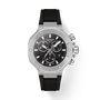 Tissot watch with black dial and rubber strap on a white background