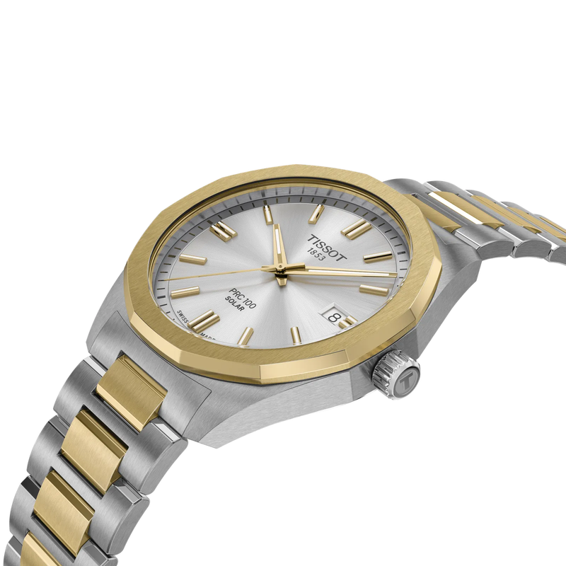 Two-tone silver and gold watch with Tissot logo on a white background