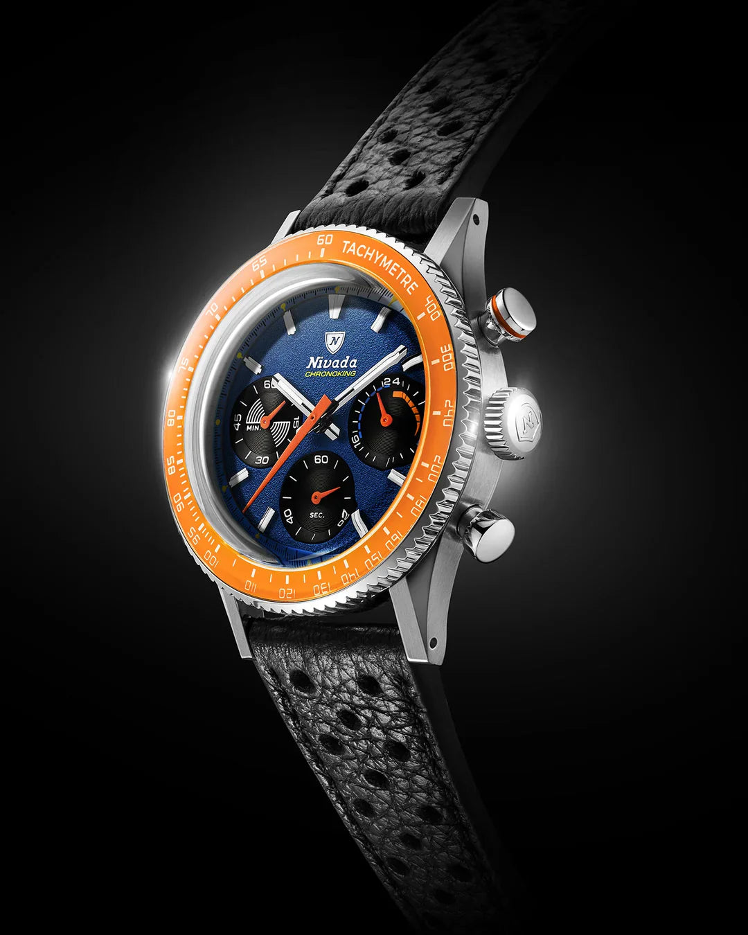 merci　18 Nivada Grenchen Chronoking Mecaquartz Racing Blue 38mm Leather Strap