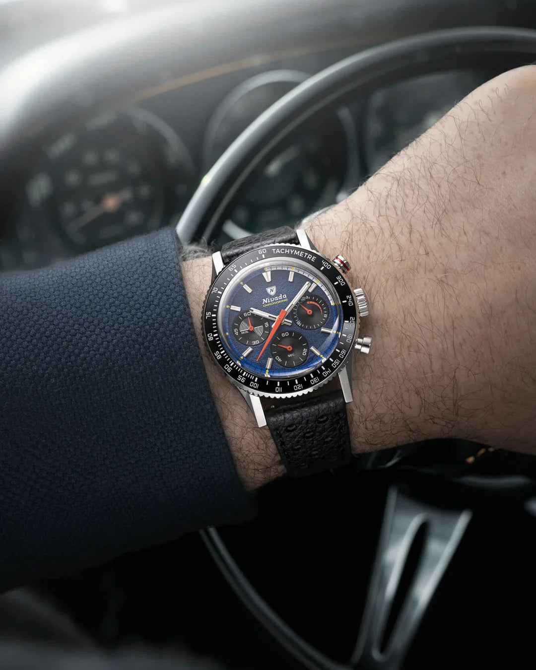 Nivada Grenchen Chronoking Mecaquartz Racing Blue 38mm Leather Strap