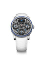 Luxury watch with white strap and blue accents on a white background