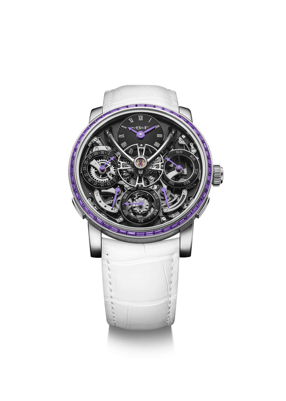 Luxury watch with white strap and purple accents on a white background