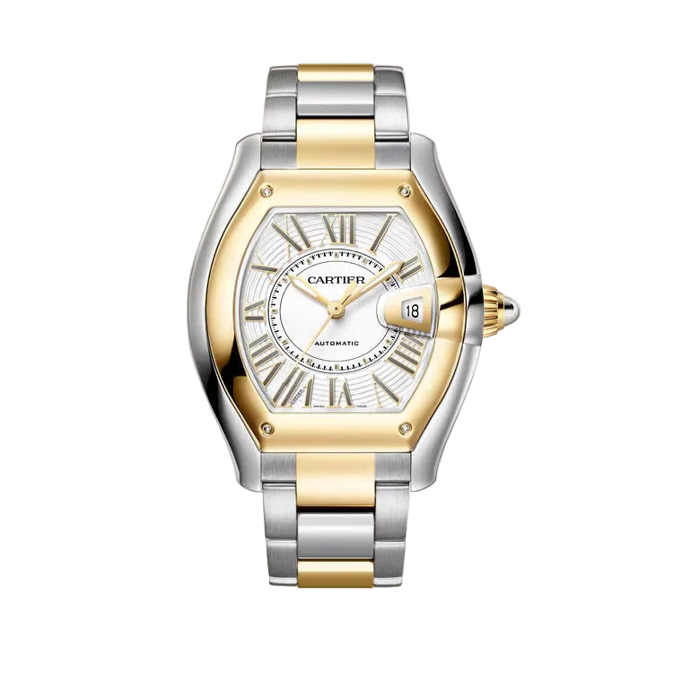 Luxury Cartier watch with two-tone gold and silver strap on a light background