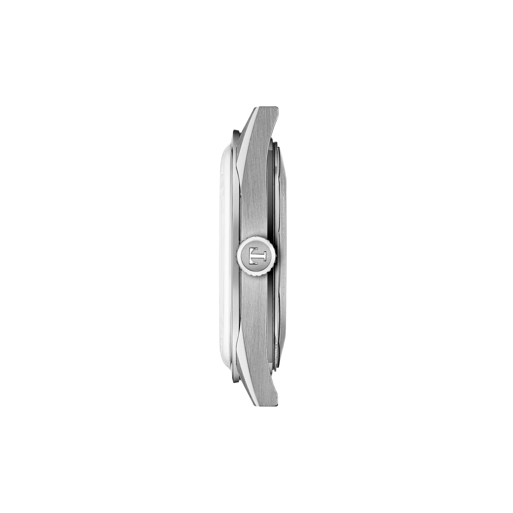 Silver-toned watch with brushed metal band and circular dial featuring center logo, shown from side profile.